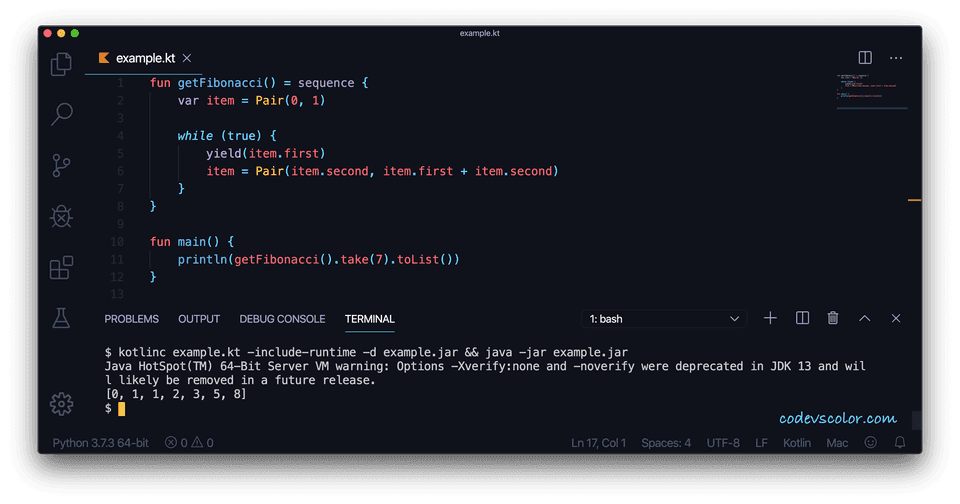 Kotlin print Fibonacci sequence yield