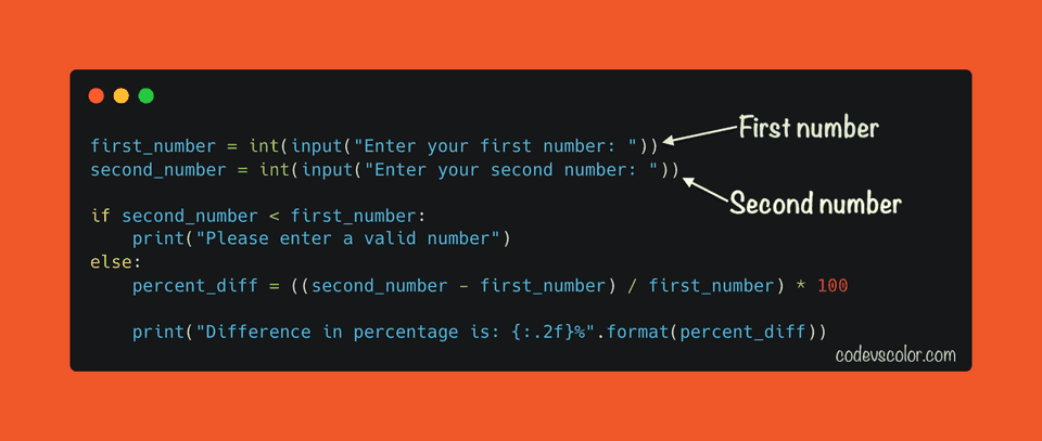 python program to find the difference between two numbers in percentage