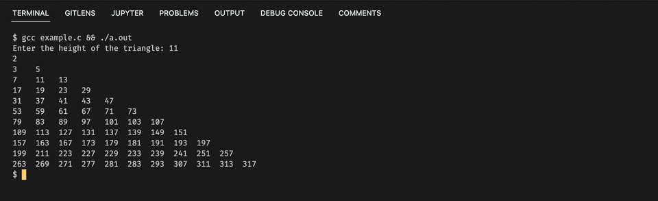 C example to print prime number triangle