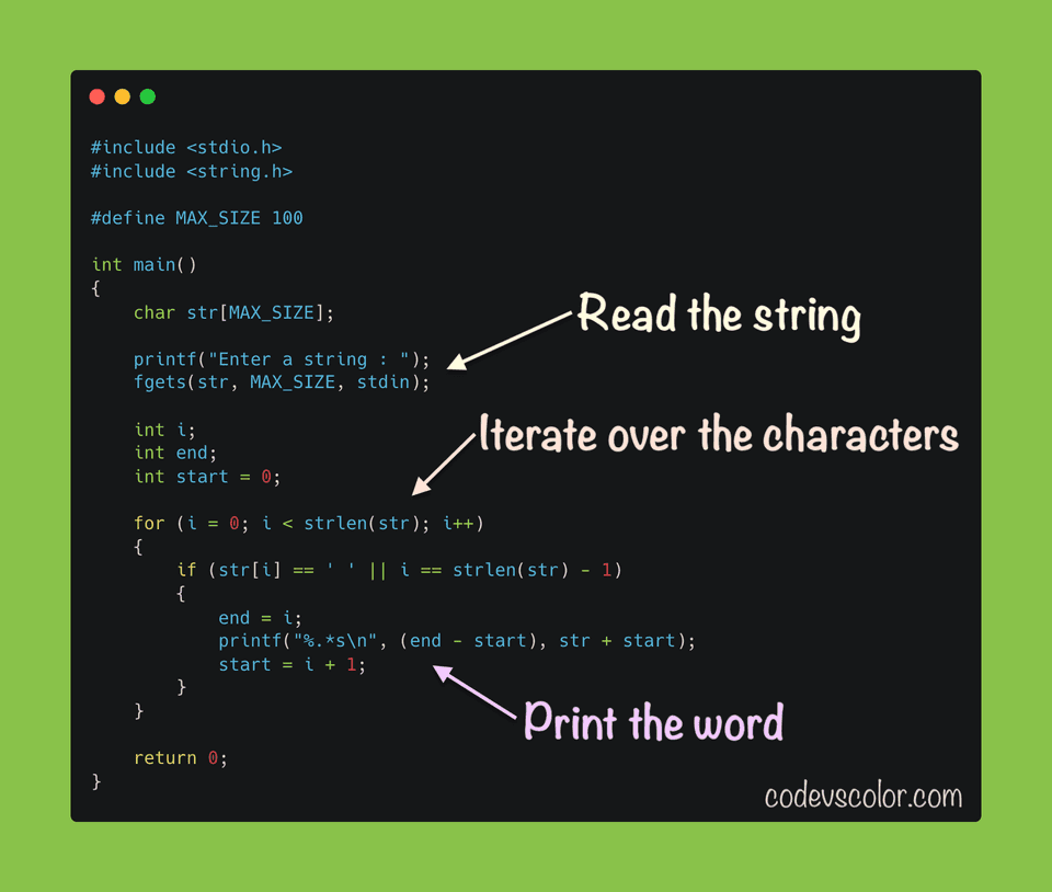 C program example to print words of a string in different lines