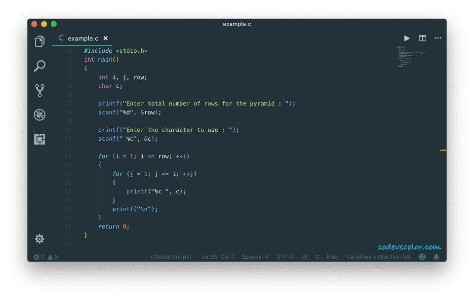 c program print half pyramid right angled triangle using character
