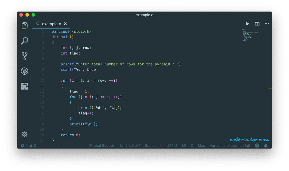 c half pyramid with increment digits