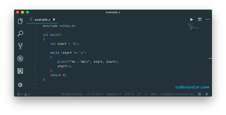 c print ascii value of characters 