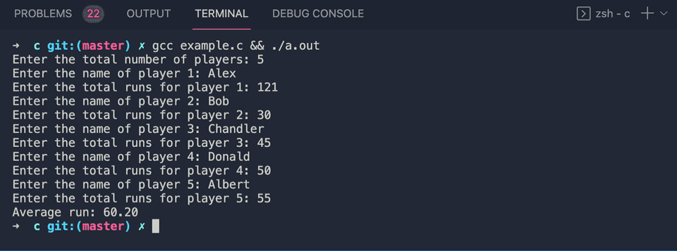 C calculate average runs in cricket