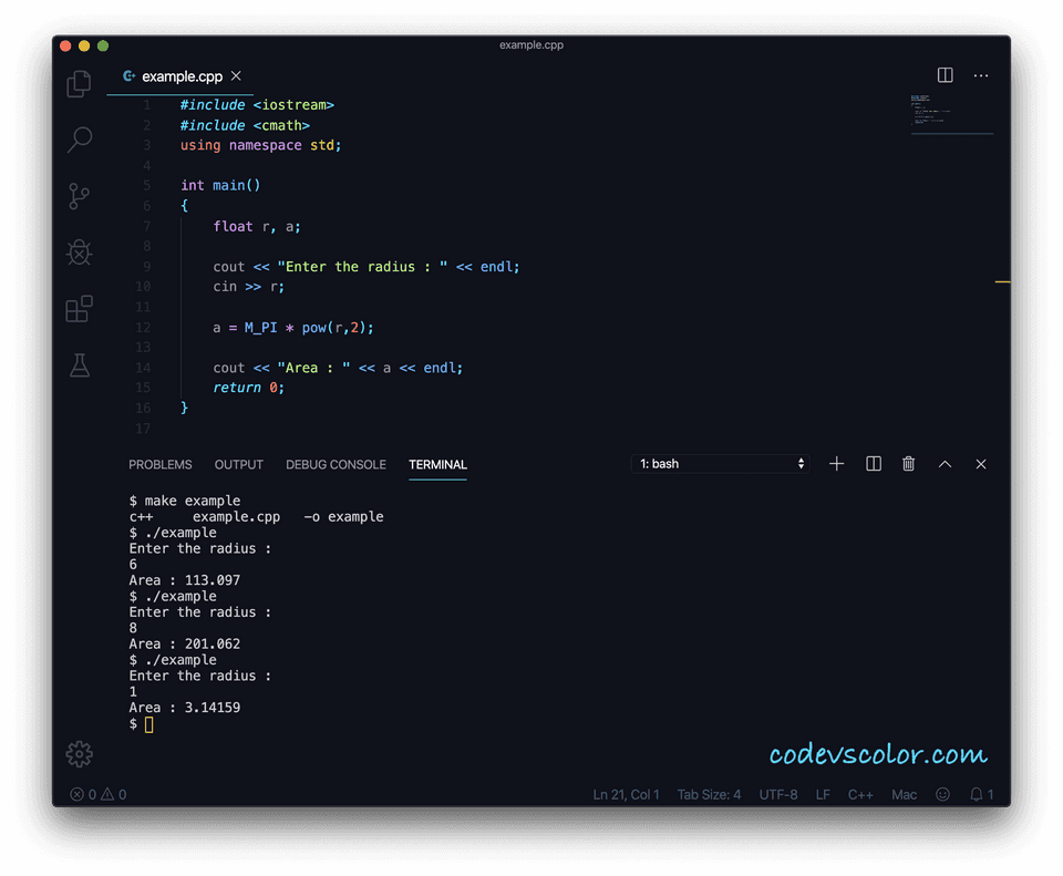 C++ circle area cmath