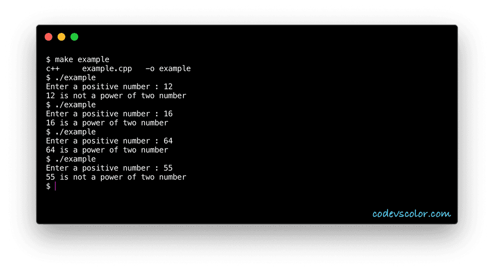 c++ example to check a number power of 2