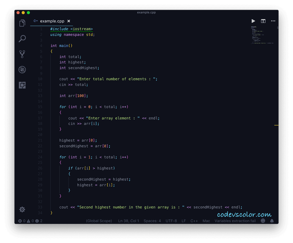 C++ second highest array number with example