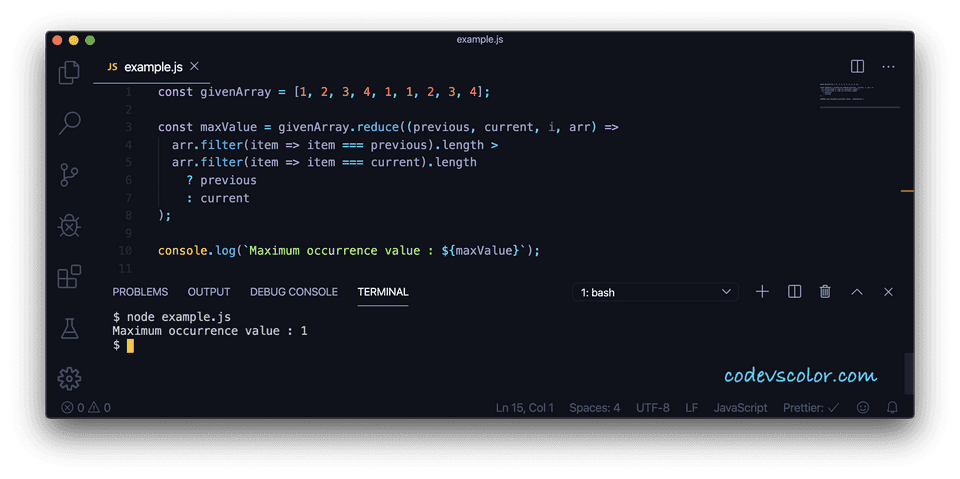 JavaScript find the array element with highest occurrence with filter and reduce methods