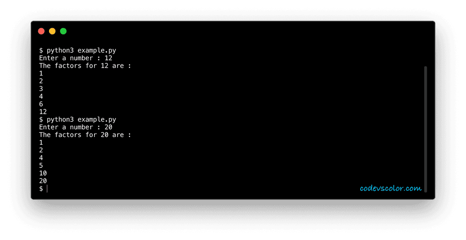 python find factors of a number for loop example