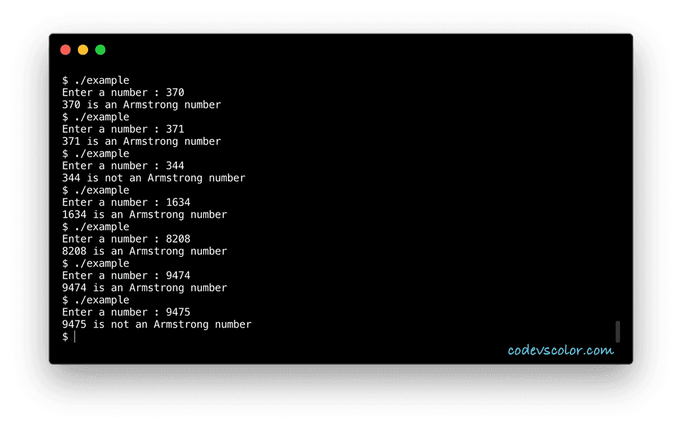 C++ example check armstrong number