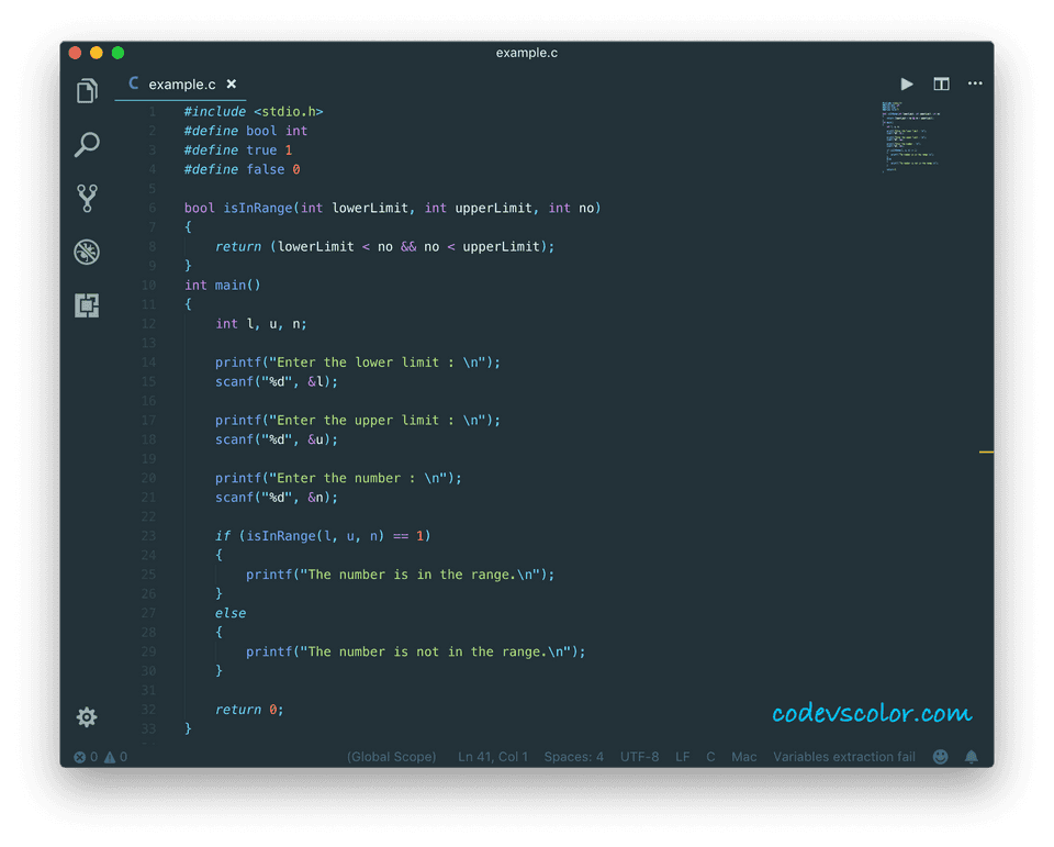C program to check if a number is in a range using one line