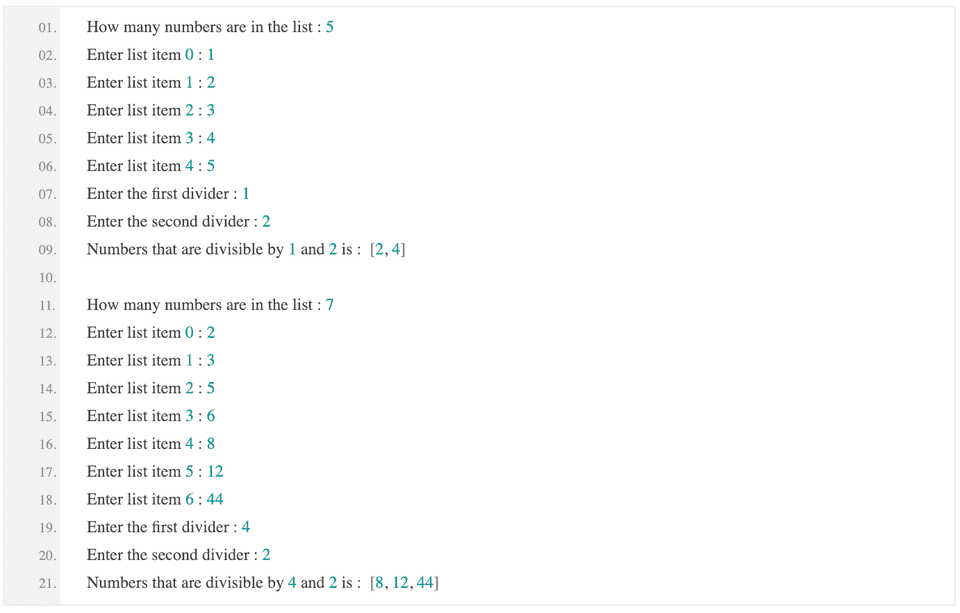 python find numbers list divisible by two nos