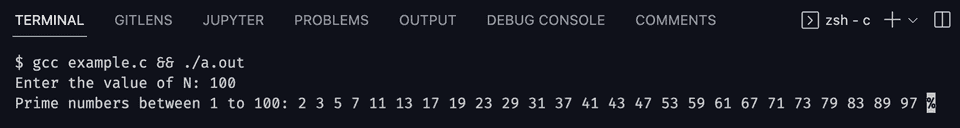 C prime numbers in range example