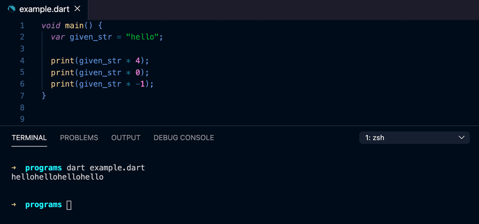 dart string multiplication example