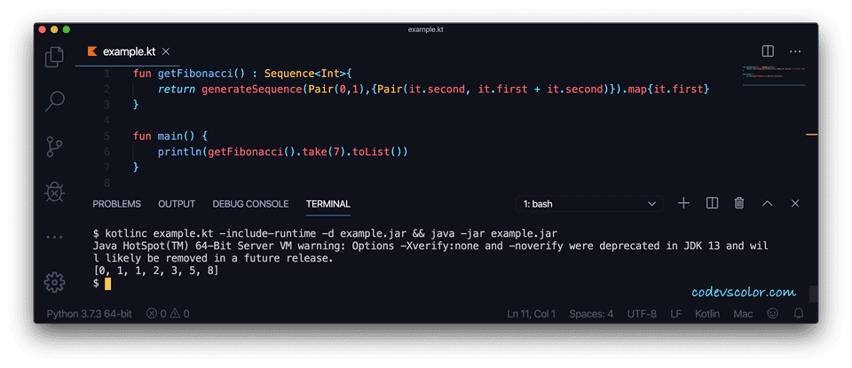 Kotlin print Fibonacci generatesequence