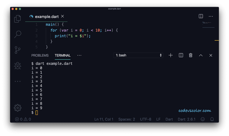 Dart for loop simple example