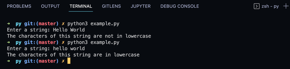 Example of python string islower method