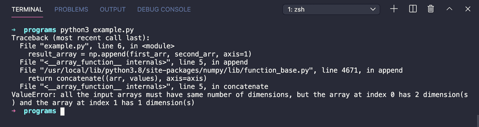 Python numpy append valueerror