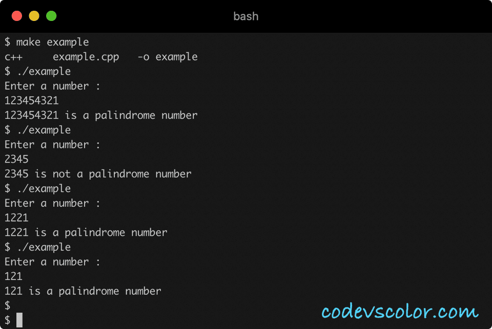 C++ palindrome example