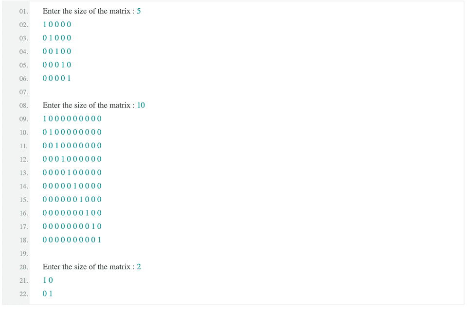 python identity matrix output