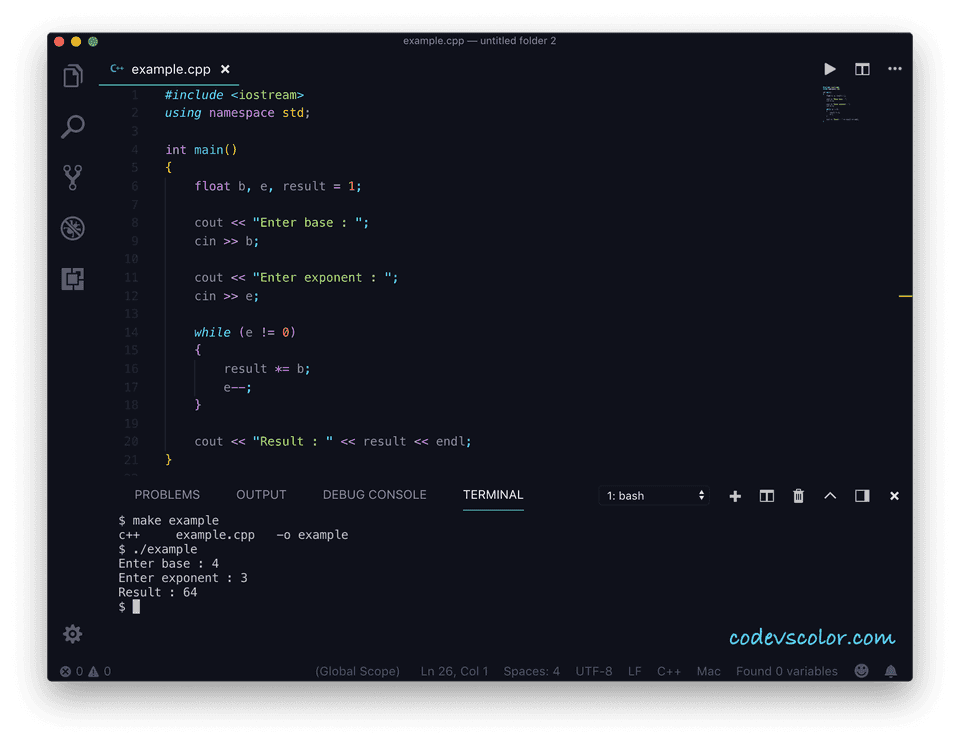 C++ find power while loop