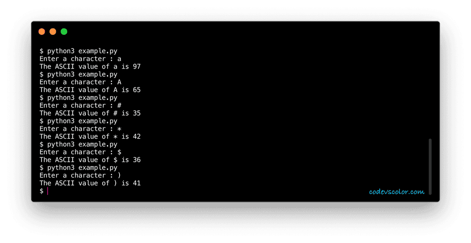 Python example convert character ascii