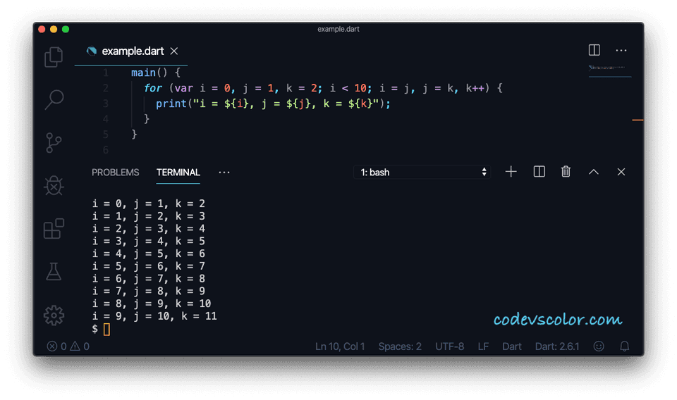 Dart for loop multiple variables