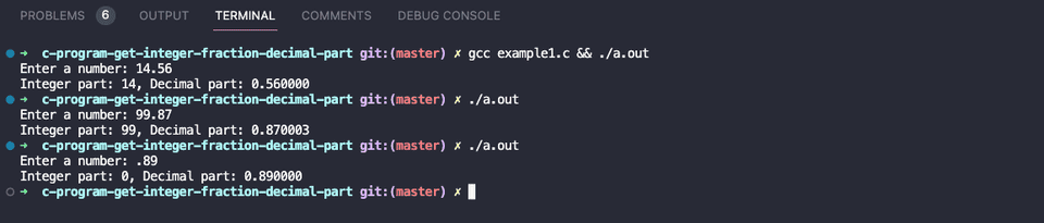 C program to get the integer and fraction or decimal part example