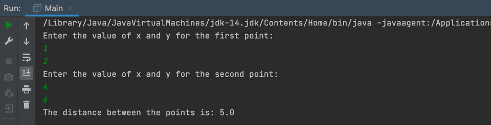 Java find distance two points example