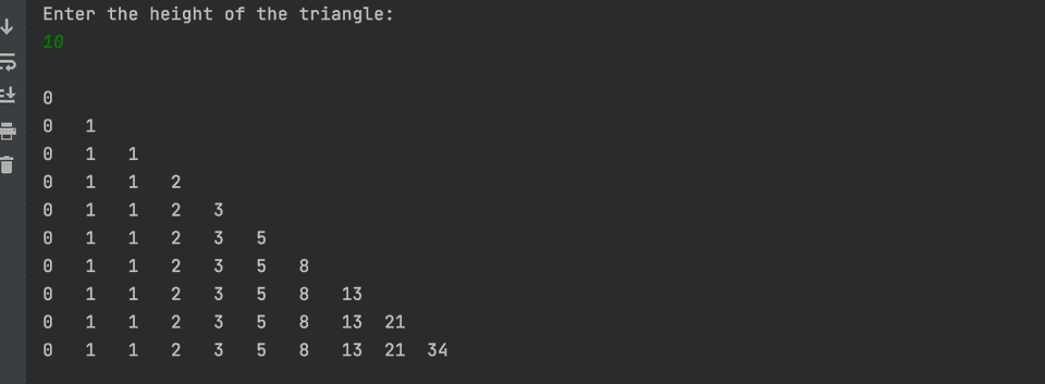 Java example print Fibonacci triangle