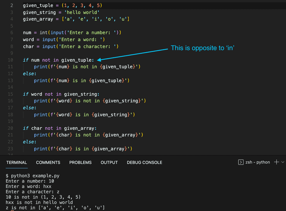 Python not in example