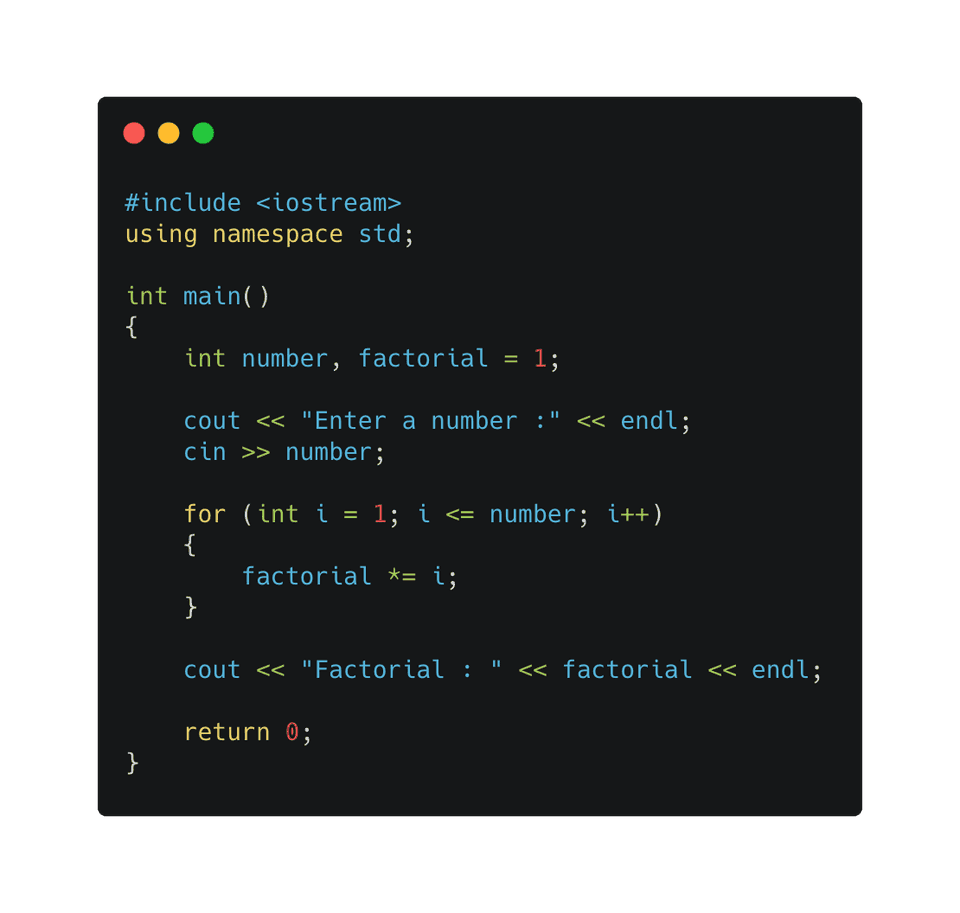 C++ factorial using for loop